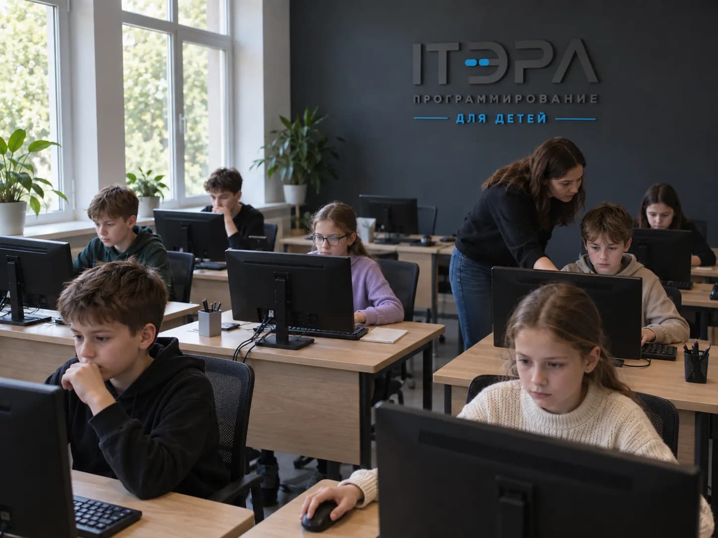 Занятие в классе IT ЭРА: дети за компьютерами, преподаватель между рядами